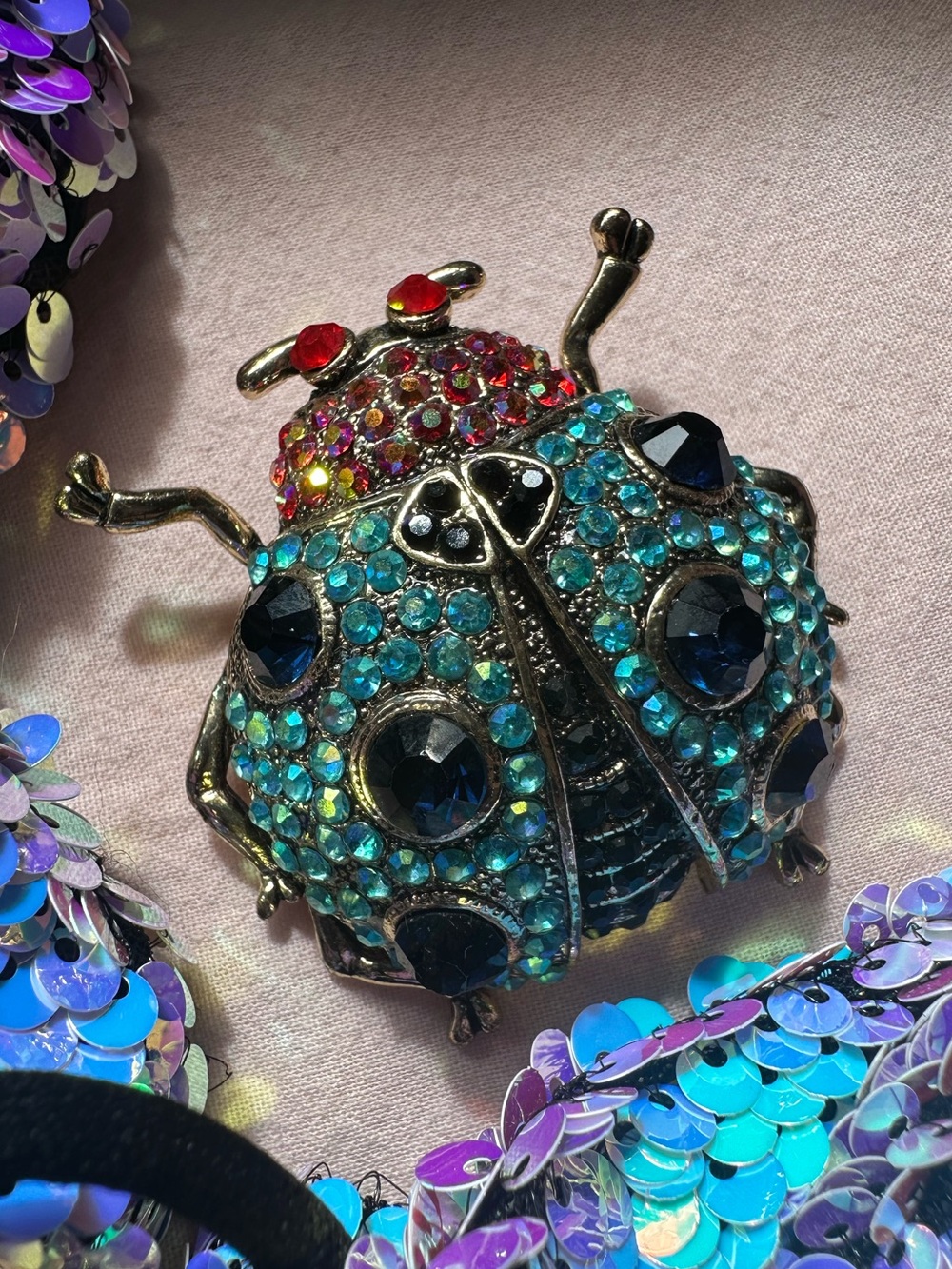 Gold Tone Iridescent Jeweled Beetle Brooch - Picture 16 of 17
